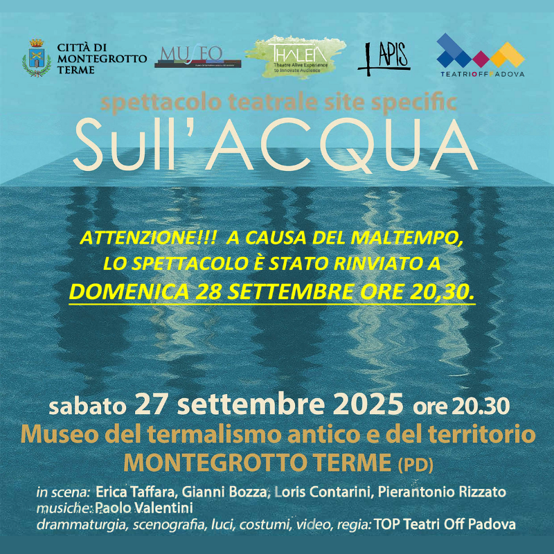 Featured image for “<strong><em>“Sull’Acqua” </em>il nuovo spettacolo site-specific di TOP in scena al Museo del termalismo antico e del territorio di Montegrotto Terme.</strong>”